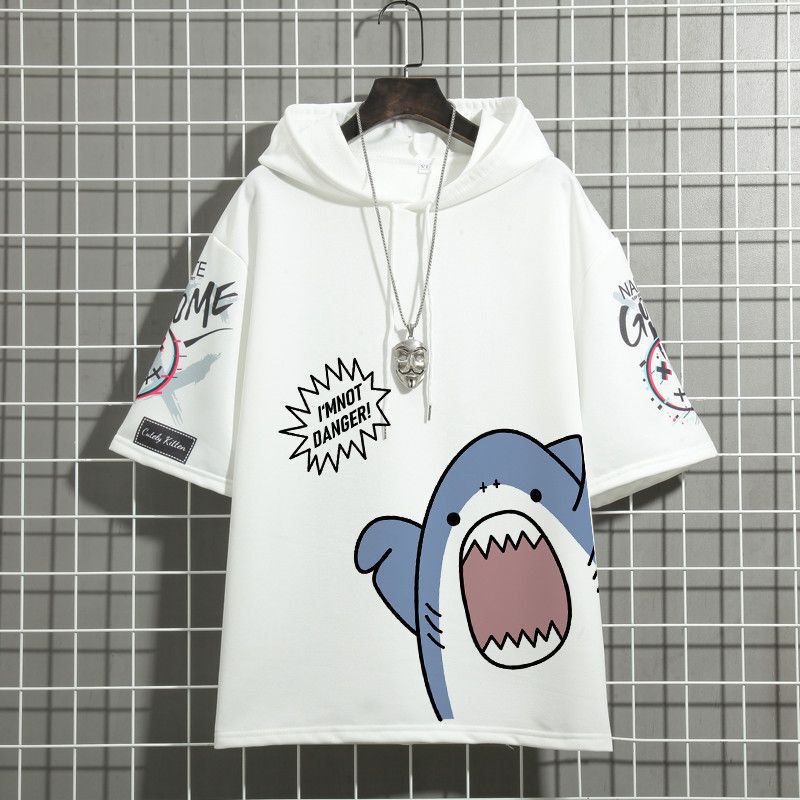 Summer Hooded Short-Sleeved T-Shirt Men's Korean Style Half-Sleeved Trendyy Versatile Loose Large Size Hooded Sweatshirt Three-Quarter Sleeve Top