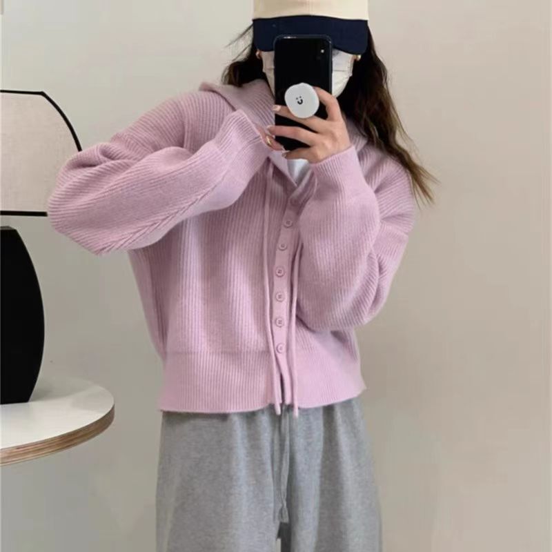 Soft glutinous solid color hooded knitted cardigan for women 2023 autumn and winter New sweater coat loose Korean style age-reducing top