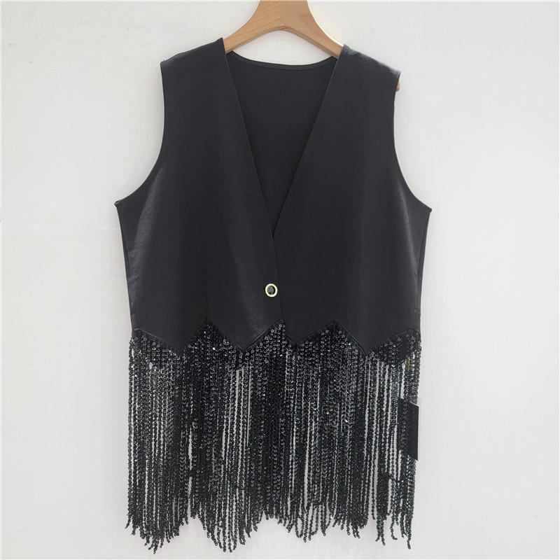 Chaleco de bordilla mujer 2025 otoño nuevo tipo de cuello en V bordilla perforación de un botón suelto chaqueta de hombro casual de moda image 2