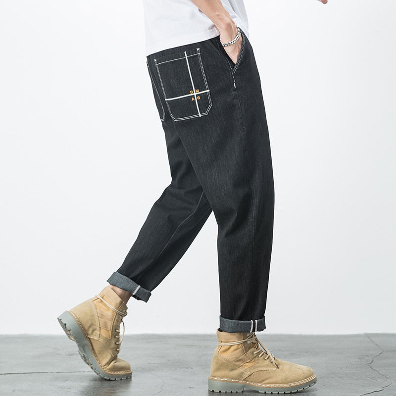 Heißverkaufte, übergroße, bestickte Herrenjeans mit elastischem Bund für Herren. 9-Punkt-Fat-Jeans in Übergröße für Vielseitigkeit für Herren_voghion.com