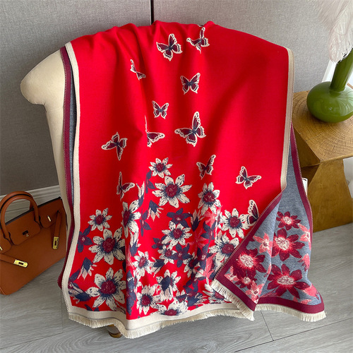 Elegant socialite butterfly flower print scarf for women thickened warm imitation cashmere scarf double-sided versatile shawl