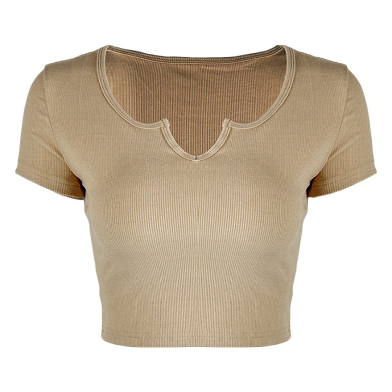 Camiseta de Verano 2025, Estilo Europeo y Americano, Nueva, para Mujer, de Algodón Puro, Acanalada, Ajustada, Corta, con Cuello en V, Manga Corta image 1