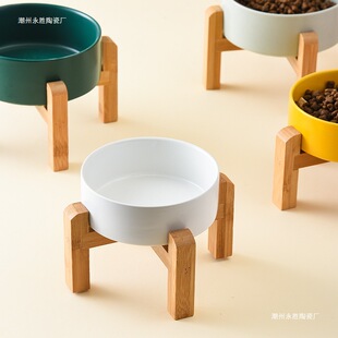 Pet Dog Food Basin Dog Food Bowl Cat Bowl Ceramic Cat Bowl Elevated Bamboo Frame Protecting Cervical Spine Drinking Bowl Anti-overturning