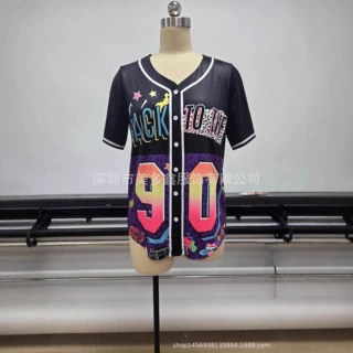 夏季跨境欧美短袖v领数码印花棒球服短裤短袖套装