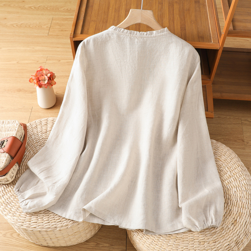 Camicia da donna retrò a maniche lunghe, elegante e snellente, in cotone e lino, con colletto a volant, nuova collezione 2026._voghion.com