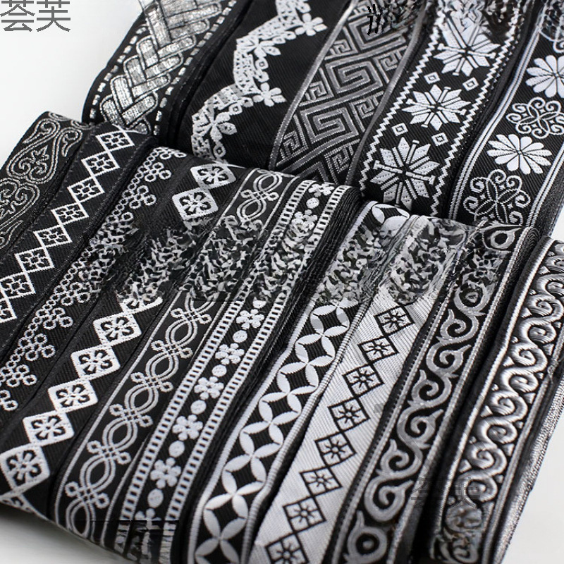 黑白线条传统纹样民族风花边服饰地毯等印花图案蕾丝花边织带辅料