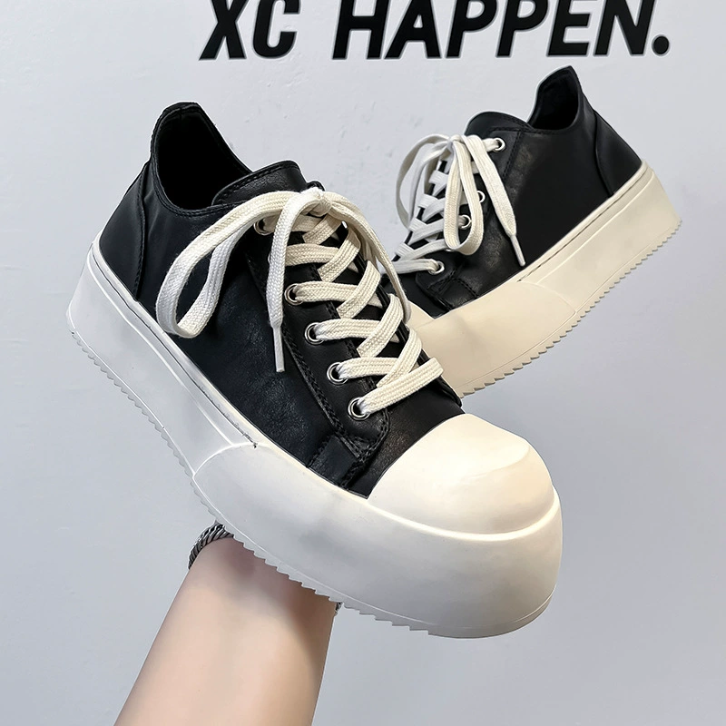 Летние повседневные кроссовки мужские черные толстые подошвы увеличенные большие головы Дерби обувь повседневная кожаная обувь 24326-A