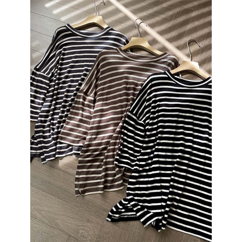 American Style Th! Super Slimming! Linen Loose and Relaxed Style Round Neck Mid-Sleeve Top for Women, Early Spring Collection American Style Th! Super Slimming! Linen Loose and Relaxed Style Round Neck Mid-Sleeve Top for Women, Early Spring Collection