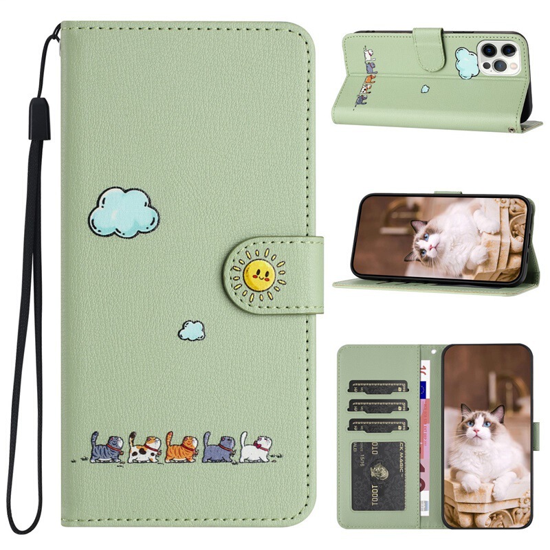 Suitable for Apple 17Promax Mobile Phone Case Iphone16 Leather Case Cartoon Painted Case Flip Card 15 Protective Case