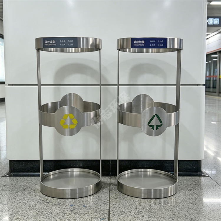 Shanxi Taiyuan Rail Transit Subway Station Explosion-Proof Transparent Stainless Steel Cylindrical Classified Trash Cans Customized by the Manufacturer