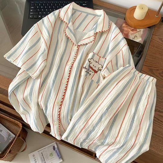 2025时尚精选可爱卡通条纹狗狗睡衣女夏季短袖短裤家居服套装