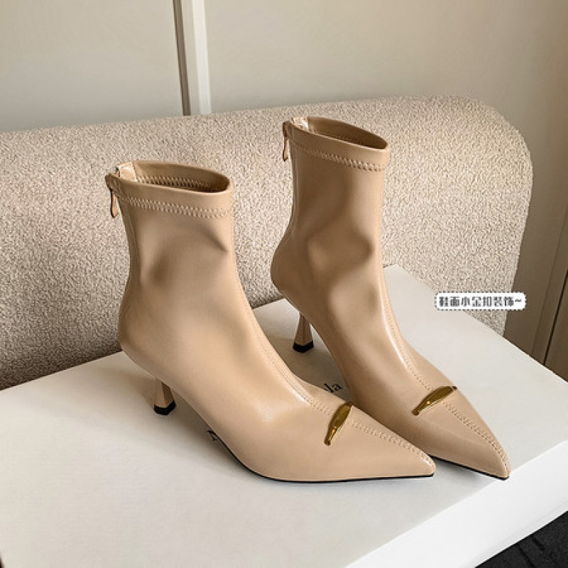 7cm French Style Elastic Slim Boots for Women in Autumn and Winter New Pointed Toe Stiletto High Heel Boots Versatile Ankle Boots