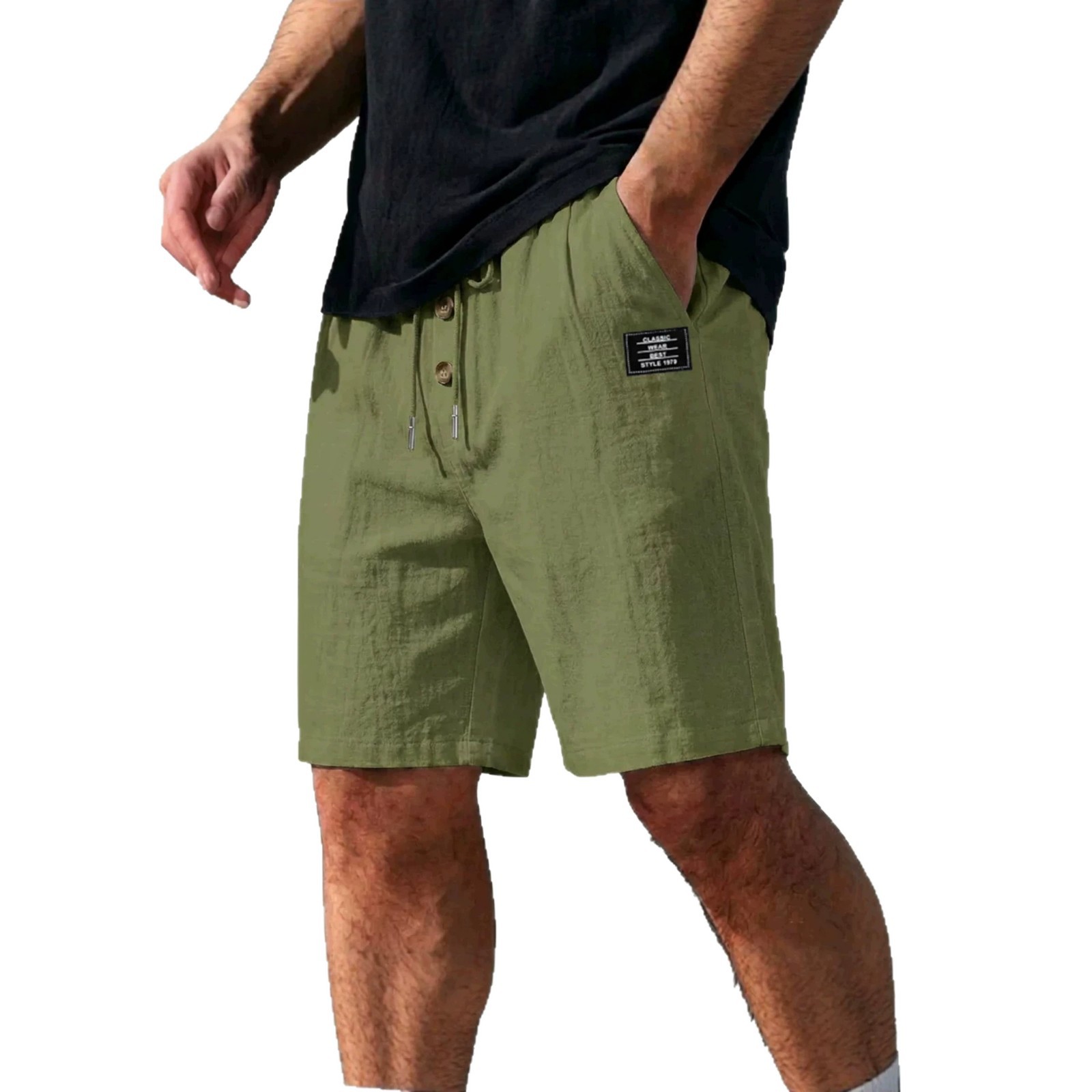Men's Summer Cotton Linen Blend Loose Fit Solid Color Casual Shorts Trendy Sports plus Size mid Waist Beach Wear_viptrois.com