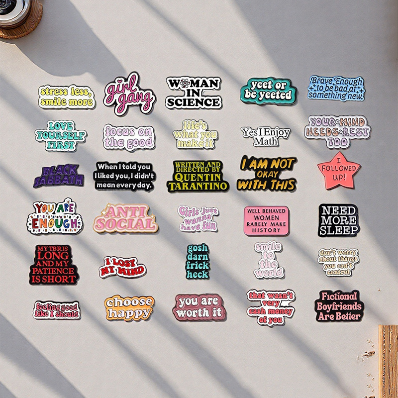 Cross-Border European and American Inspirational Colorfulful English Short Sentences and Quotations Styling Set Series Metal Brooch Shoulder Bag Backpack Decoration
