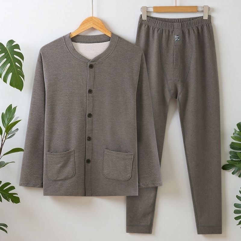 Men's Cardigan Set Men's Thermal Underwear Autumn Clothes Autumn Pants Cardigan Button-Up Plus Size Thermal Fleece Loose Brushed Warm Acrylic