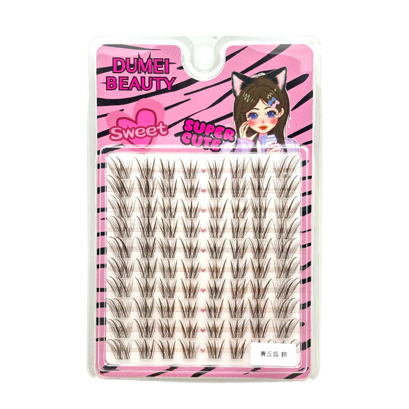 10 líneas de pegamento marrón azul colina Fox pestañas falsas claras animadas pestañas de dibujo animado, pestañas de zorro oblicuas, pestañas de segmento superior