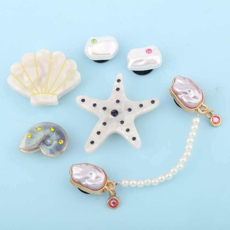Cross-Border Hot Selling New Ocean Shell Clogs Decorative Buckle Accessories Metal Shoe Flower Buckle Pearl Diamond Hardware Accessories