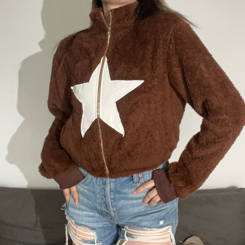 Star patch embroidered full zipper stand collar long-sleeved plush jacket NSGXF139308