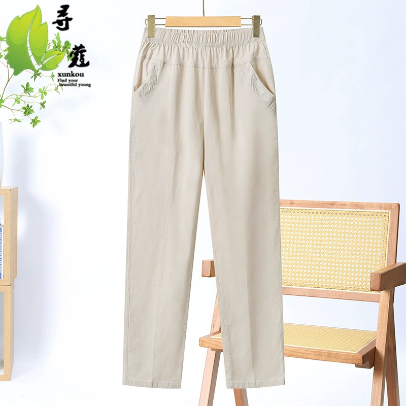 Женские брюки среднего возраста с эластичной талией темпераментные повседневные брюки однотонные летние брюки женские средние и старые женские брюки мамы брюки брюки летние платья