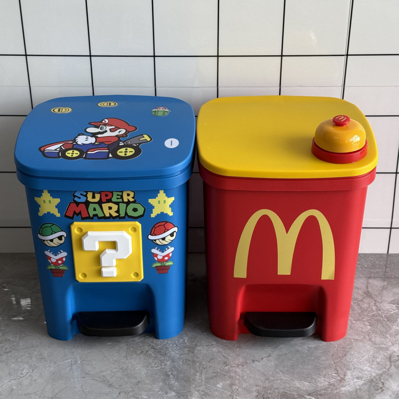 New Mario Cute Trash Can for Living Room, Home Use, Bedroom, High Aesthetic Value, Large Capacity, Foot-Operated with Lid, for Toilet and Kitchen