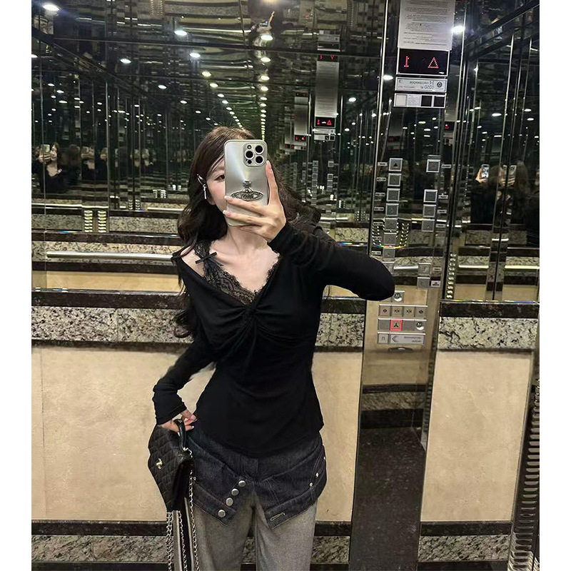 十三行小香风扭结V领纯欲风蕾丝花边T恤女高级感紧身显瘦上衣|undefined