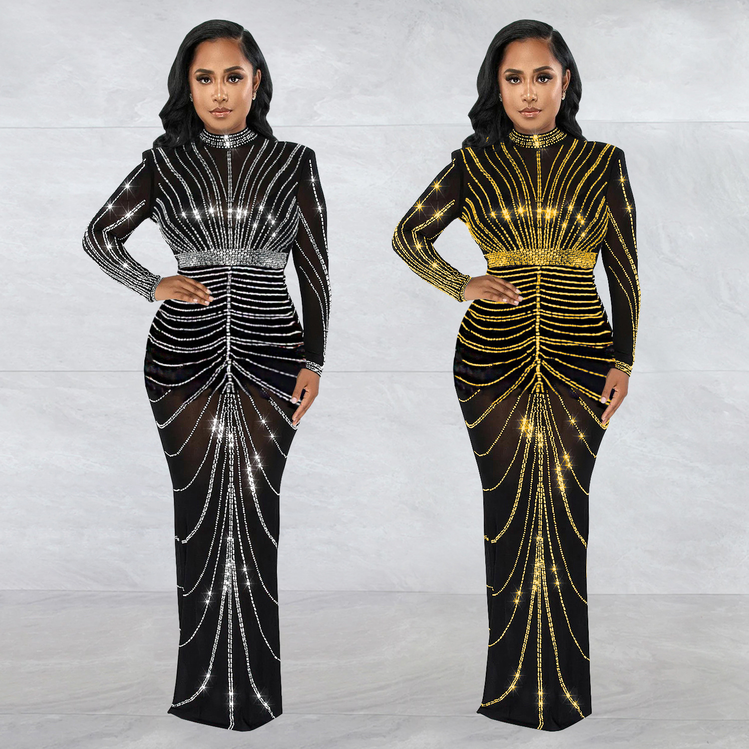 C7141 Aliexpress transfronterizo amazon ropa de moda europea y americana de mujeres sexy de mangas largas trasera vestido de perforación en caliente nuevo