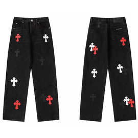新款高街克罗牛仔裤男十字架拼皮直筒长裤2025年春季新款