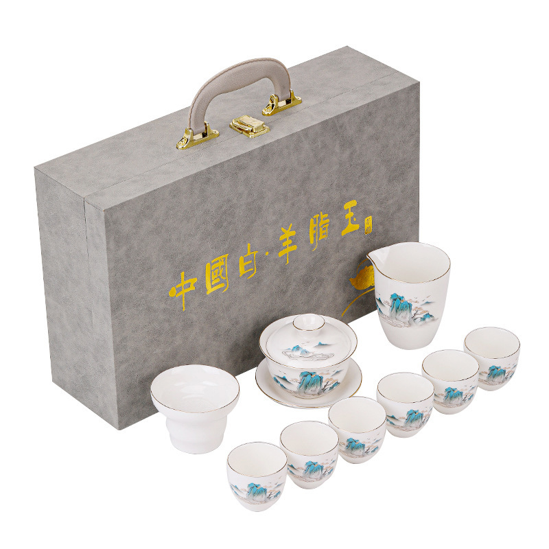 徳化羊脂翡翠白磁カンフー茶セットシンプルなフルセットライト高級ギフト卸売お土産蓋ボウルティーカップ|undefined