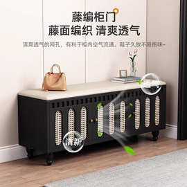 复古藤编实木鞋柜换鞋凳一体门口家用中古风入户门玄关储物穿鞋凳