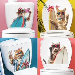 外貿夏日貓咪衝浪兒童臥室馬桶貼家居裝飾牆貼貼紙自粘批發跨境