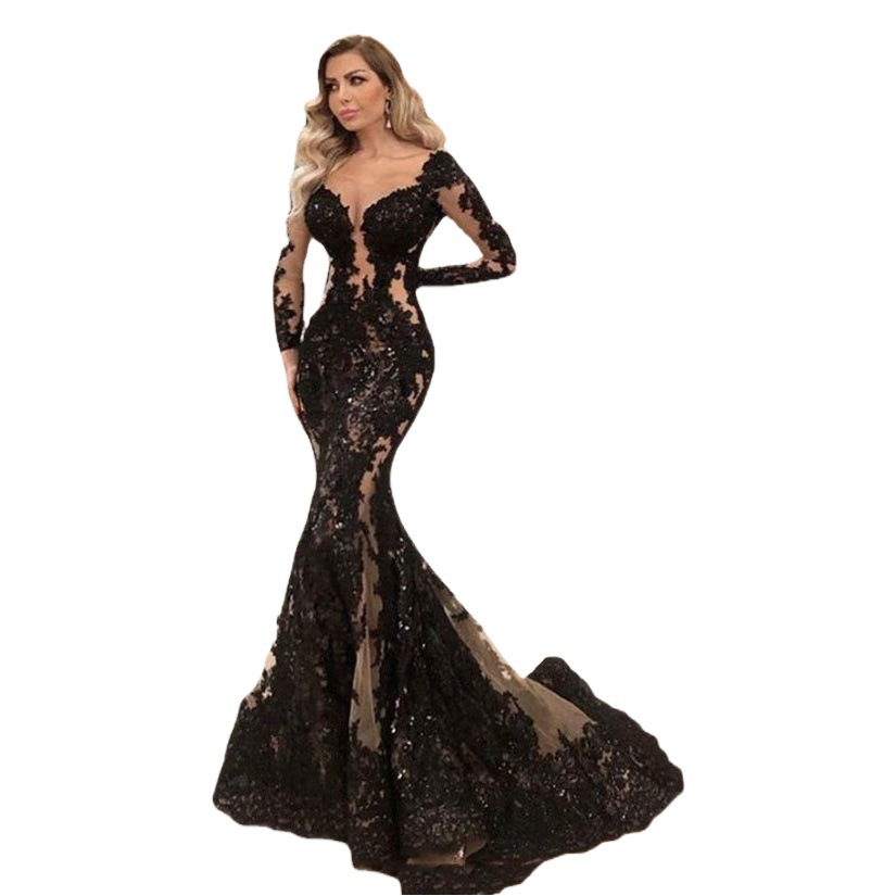 El Comercio exterior europeo y americano Amazon AliExpress deseo nuevo encaje negro manga larga fishtail adelgazamiento elegante vestido de noche image 1