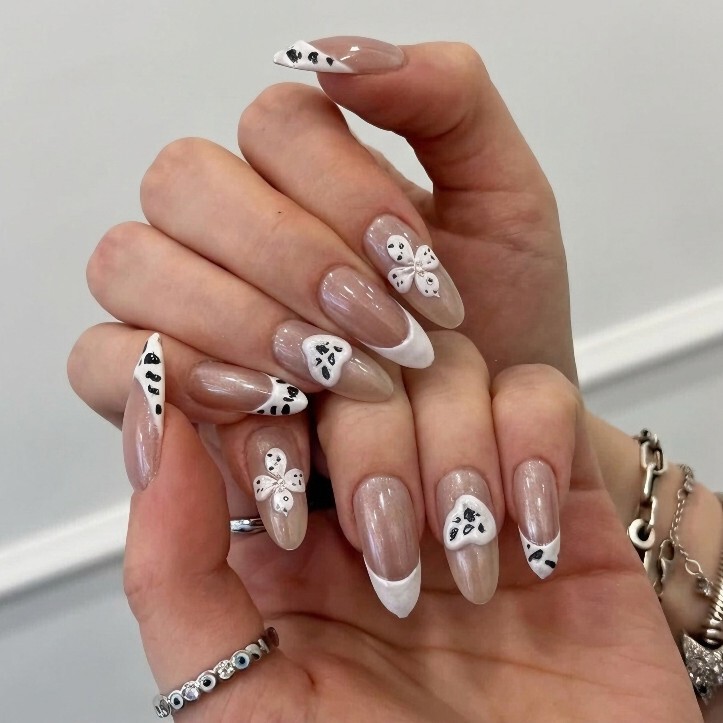 Cross-Border French-Style White-Edged Leopard Print Cat-Eye Press-On Nails, Nude Color Nail Tips, Long Almond-Shaped Nail Art, Specially Designed for Pre-Made Nails
