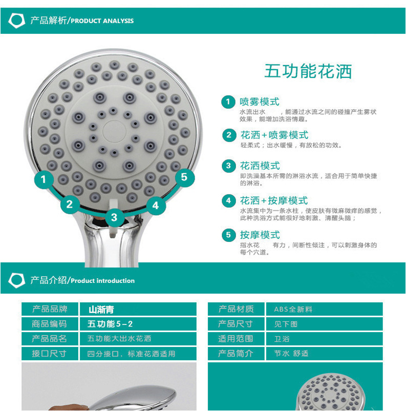 Xiamen Hans five-speed handheld pressurized showerhead set, Amazon shower head and hose three-piece set for cross-border undefined