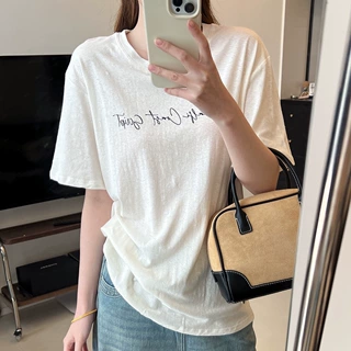 棉麻字母印花T恤女夏季新品韩版简约休闲透气圆领套头短袖上衣