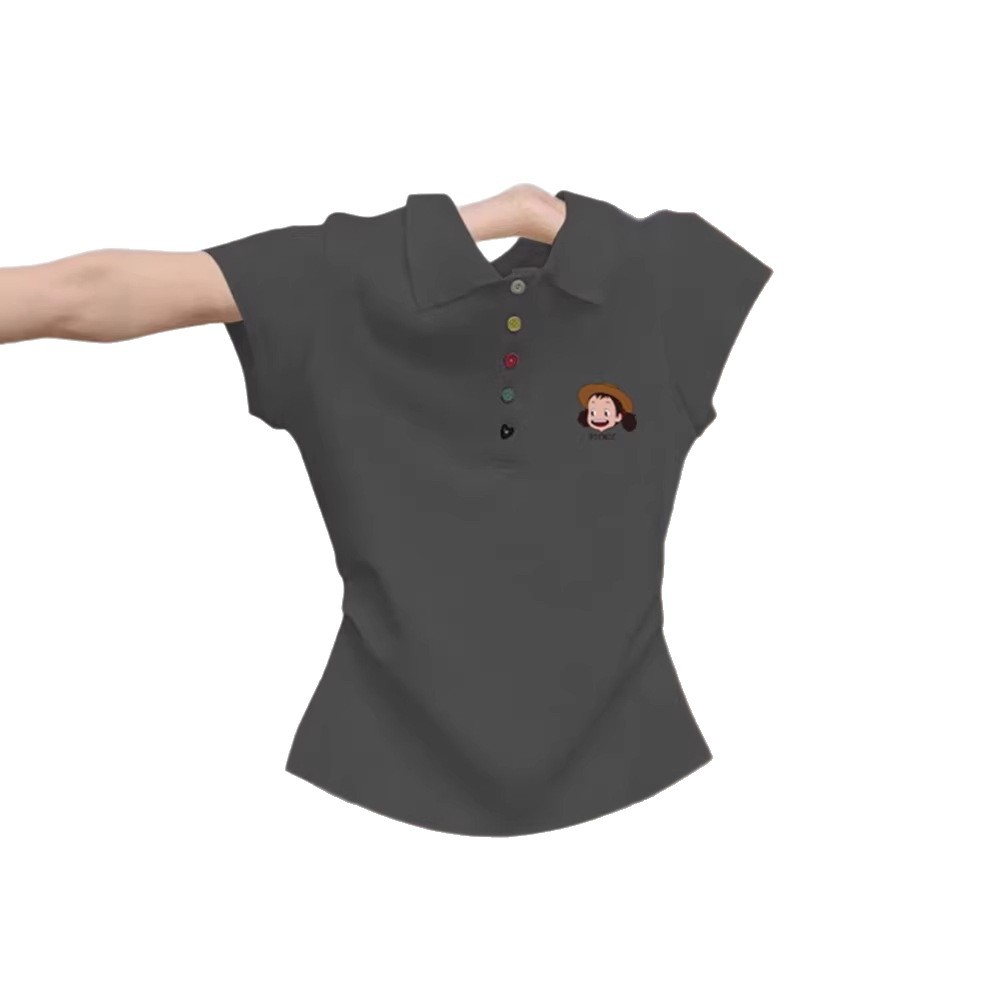 Áo thun polo nữ tay ngắn form ôm cổ bẻ — màu xám chi tiết 3