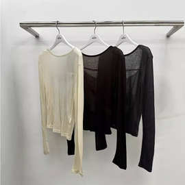 【勿拍】韩国东大门breathe秋新款设计感薄纱露背长袖纯色T恤