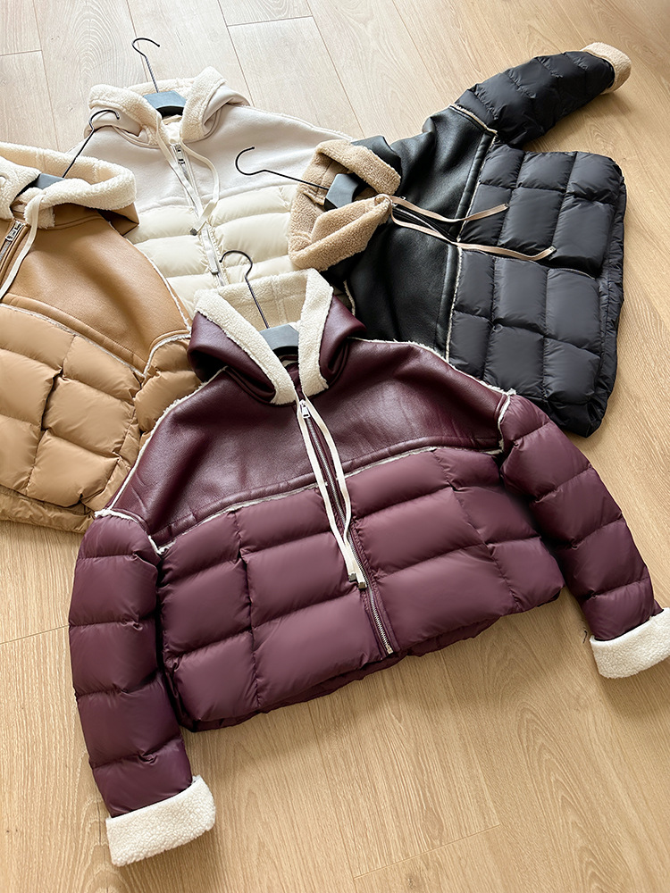 Giacca corta europea in piumino per donna stile corto cuciture colore a contrasto pelle PU leggera lusso alta qualità maglione largo 2024 nuovo inverno_voghion.com