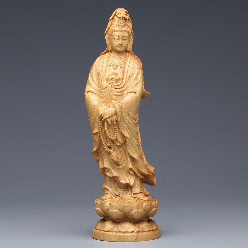 黄楊木彫り観音菩薩仏像は家庭用オフィス装飾品数珠観音置物工芸品を供えています。|undefined