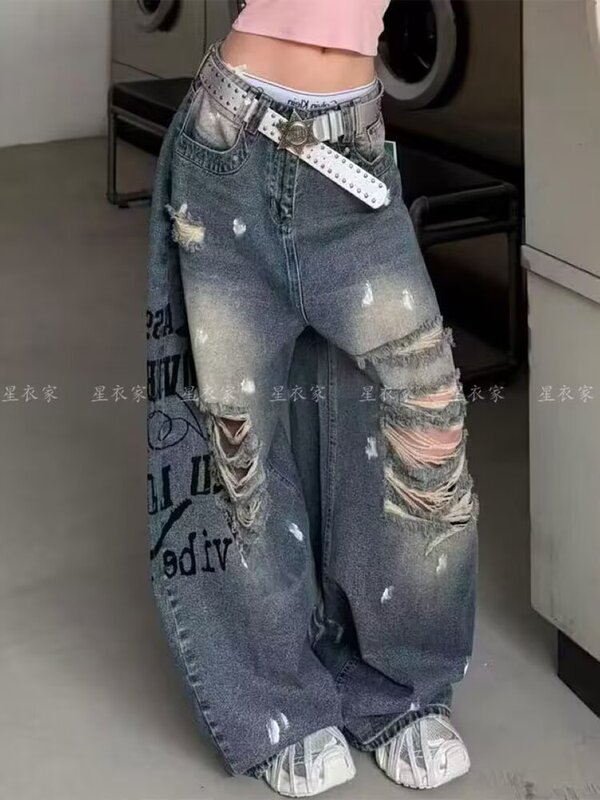 BeerBro celebrity-style punk ripped and splattered ink print distressed loose-fit slimming wide-leg jeans BeerBro celebrity-style punk ripped and splattered ink print distressed loose-fit slimming wide-leg jeans