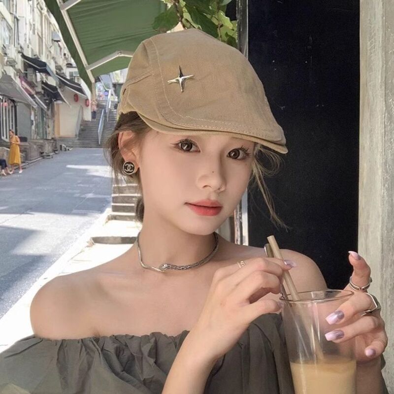 Japanese Style Literary Retro Four-Pointed Star Forward Hat for Men and Women Spring and Summer Casual Versatile Denim Painter Beret Trend