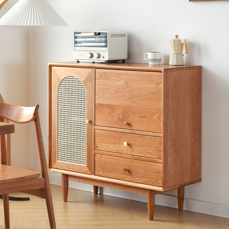 Scandinavian Solid Wood Sideboard Small Household Kitchen Cupboard Japanese Simple Cherry Wood Rattan Cabinet Tea Cabinet