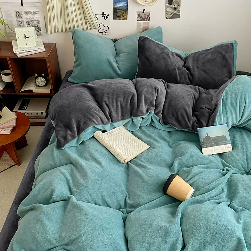 双拼牛奶绒四件套珊瑚绒床单被套床笠学生宿舍三件套保暖四件套