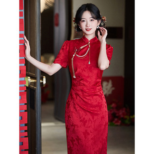 Red New Chinese Cheongsam Toast Dress Bride 2025 New Summer Young Jacquard Wedding Engagement Dress