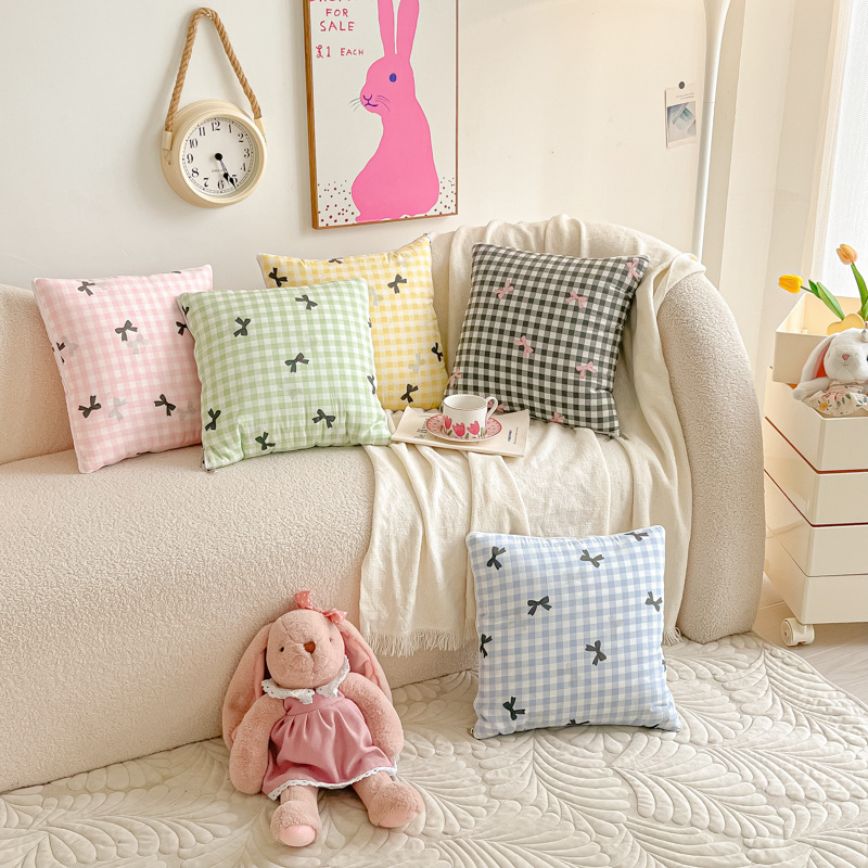 Brand New 40s Style Korean Washed Cotton Dual-use Car Pillow Blanket With A Refreshing Bow Design._voghion.com