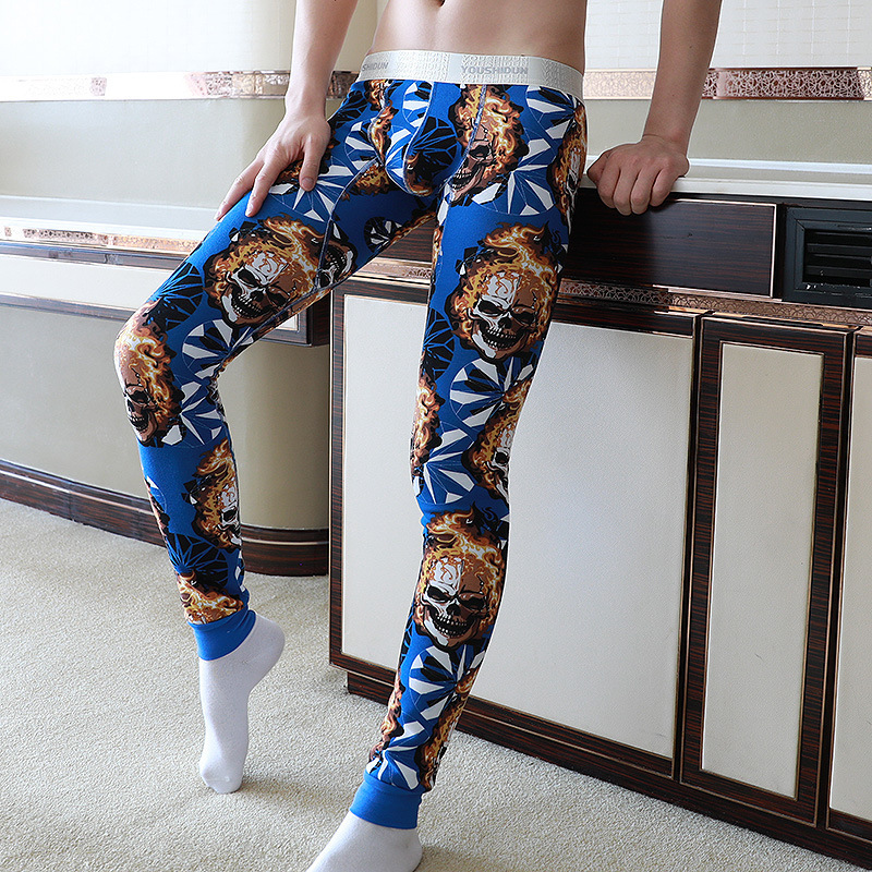 Men's Thermal Underwear Autumn and Winter Slim-Fit Korean Style Thermal Pants Printed Fleece-Lined Thickened Base Layer Pants