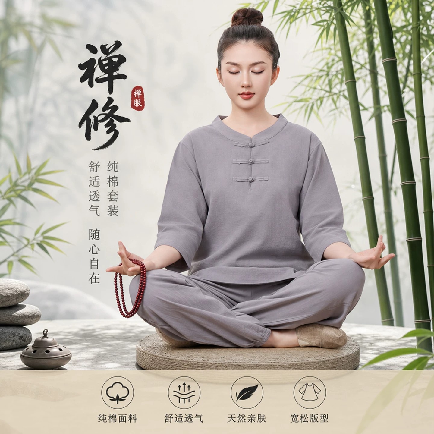 禅修居士服女款中国风纯棉套装打坐冥想拜佛修行素衣太极练功禅服