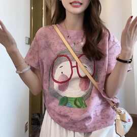 无感印花短袖t恤女夏季设计感小众宽松大码半袖上衣胖mm240斤