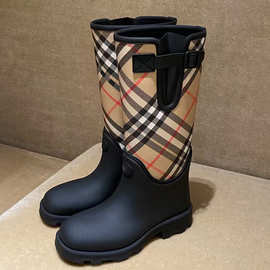 2025B家秋季复古切尔西靴粗跟拼接百搭水靴子女圆头短靴雨靴