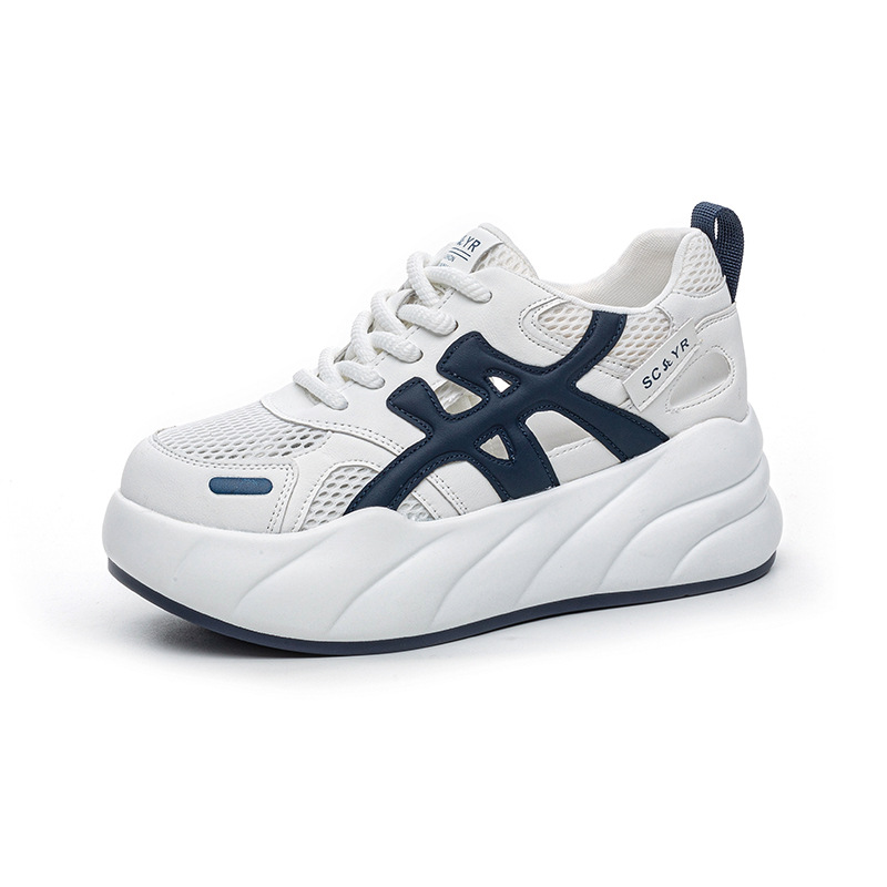 Giày sneaker nữ đế dày tăng chiều cao, phong cách thể thao thời trang, thiết kế đục lỗ thoáng khí mùa hè — M2896 màu trắng, M2896 màu xanh lam