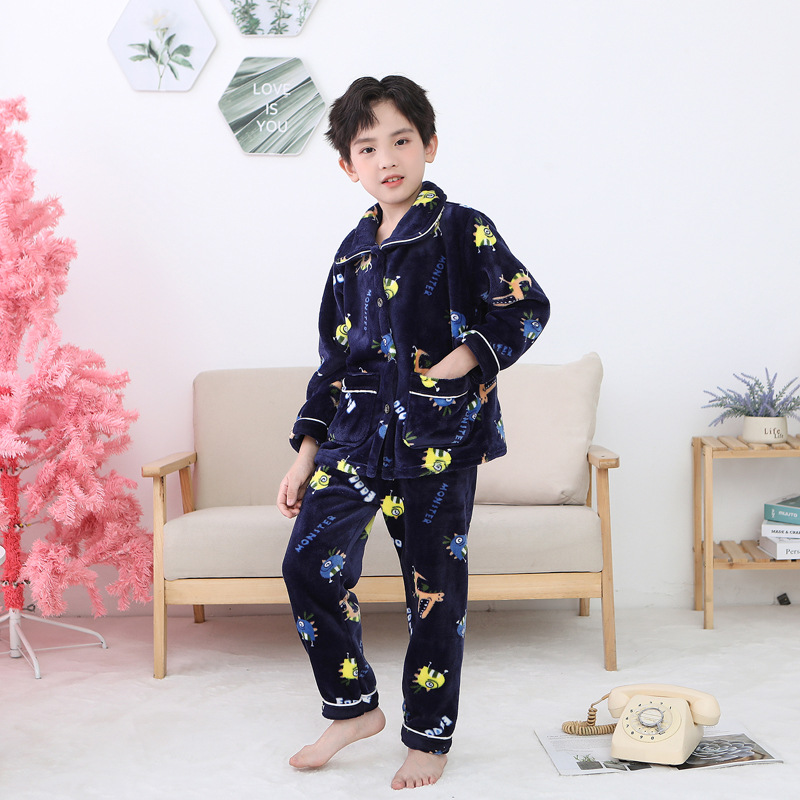 Traje de pijama de franela para niños Otoño e Invierno nuevos niños y Niñas Ropa Para el hogar traje ropa para padres e hijos forrada de lana engrosada ropa para niños
